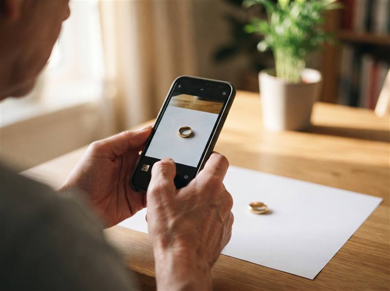 Photographing a gold ring with a phone at a kitchen table