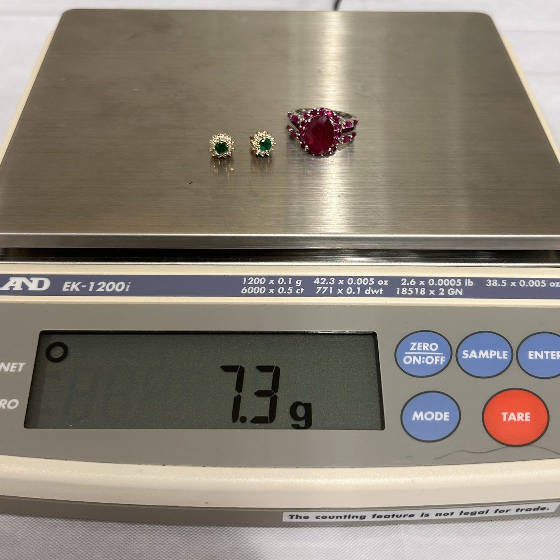 Emerald earrings & ruby ring on the GoldVara scale