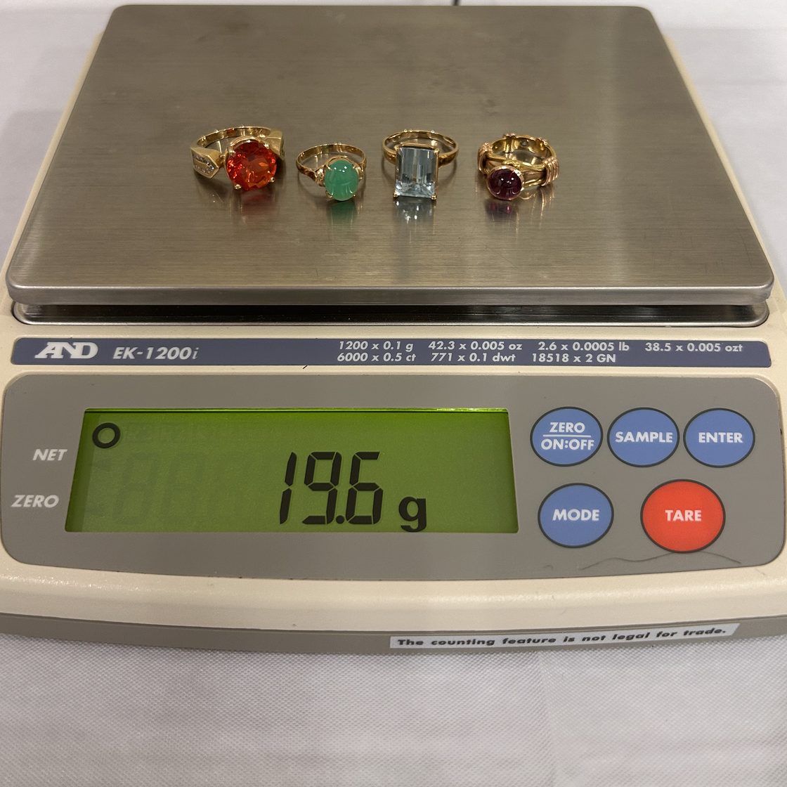 Four gemstone rings on the GoldVara scale