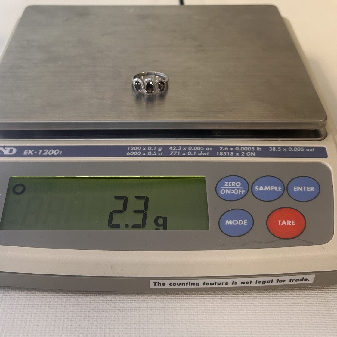 Three-stone white gold ring on the GoldVara scale