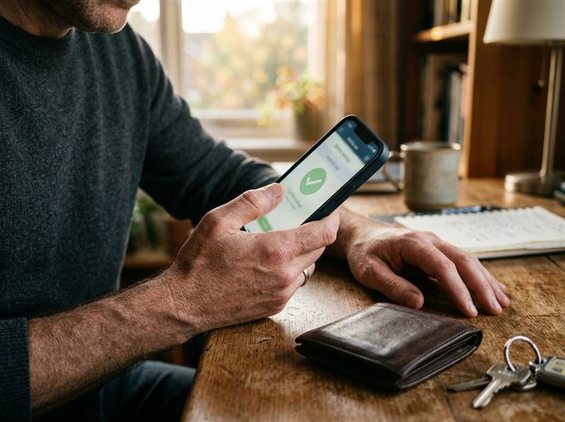 Checking a payment confirmation on a phone at a home desk