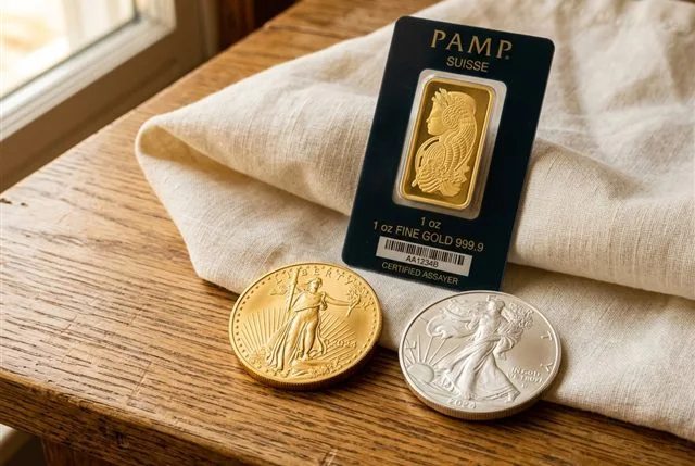 A gold coin, a silver coin and a sealed gold bar