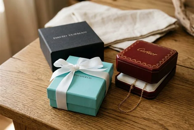 Tiffany, Cartier and David Yurman boxes on a table