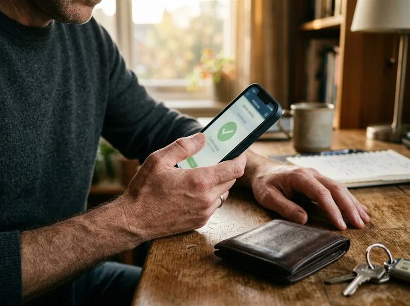 Checking a payment confirmation on a phone at a home desk